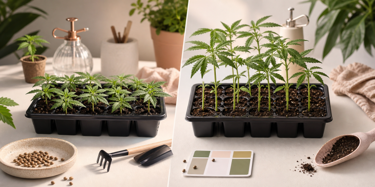 Autoflower and feminized cannabis seed trays arranged as a side by side comparison