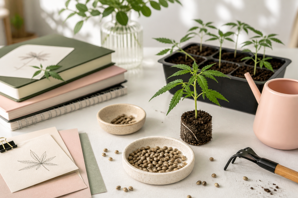Cannabis seeds, seedling notes, and a simple beginner seed guide layout