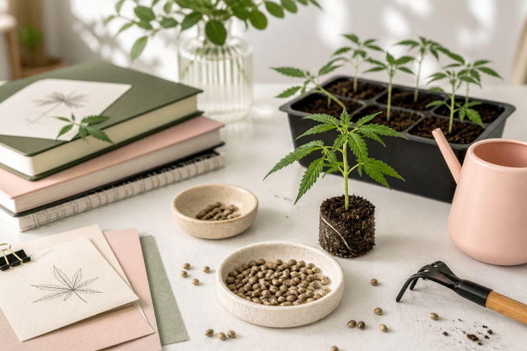 Cannabis seeds, seedling notes, and a simple beginner seed guide layout