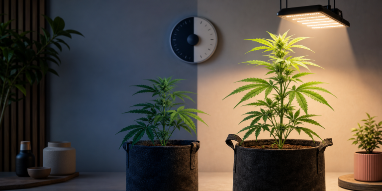 Photoperiod cannabis plants with a day and night light cycle concept